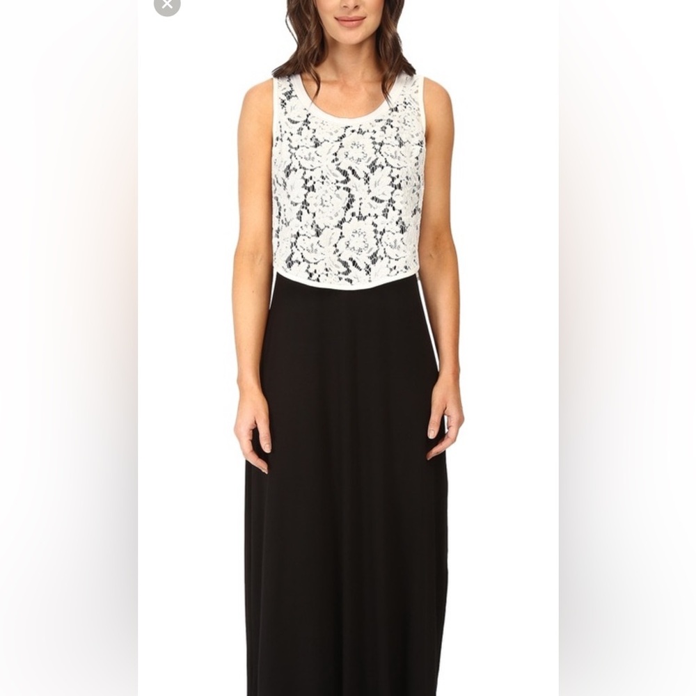 Karen Kane Sz M Black & white Lace Maxi Dress side slit GUC B1313